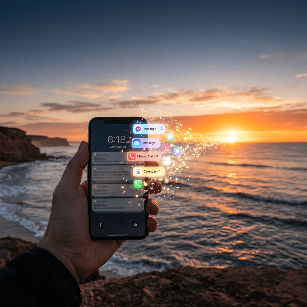 Smartphone showing notifications with ocean sunset in background