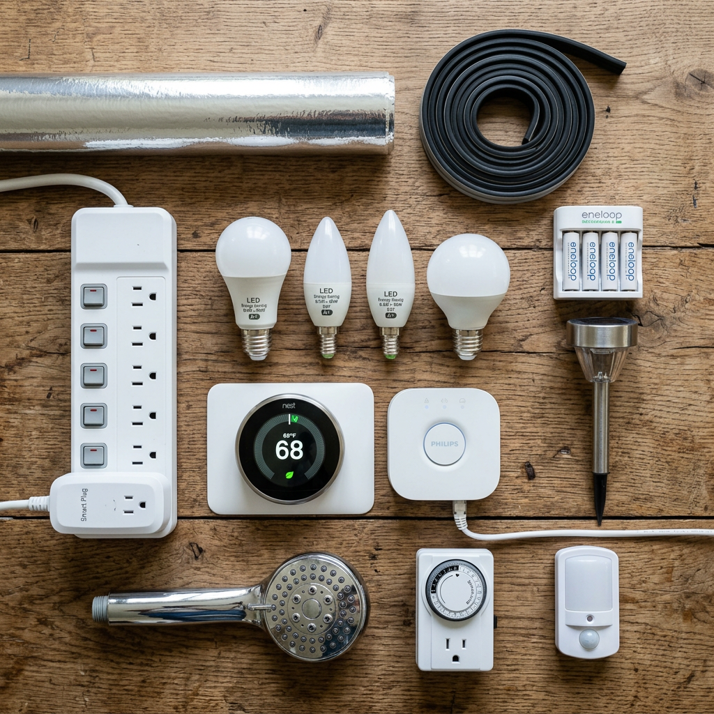 Smart home devices including LED bulbs, thermostat, smart plugs, motion sensor, timer switch, battery charger, and showerhead.