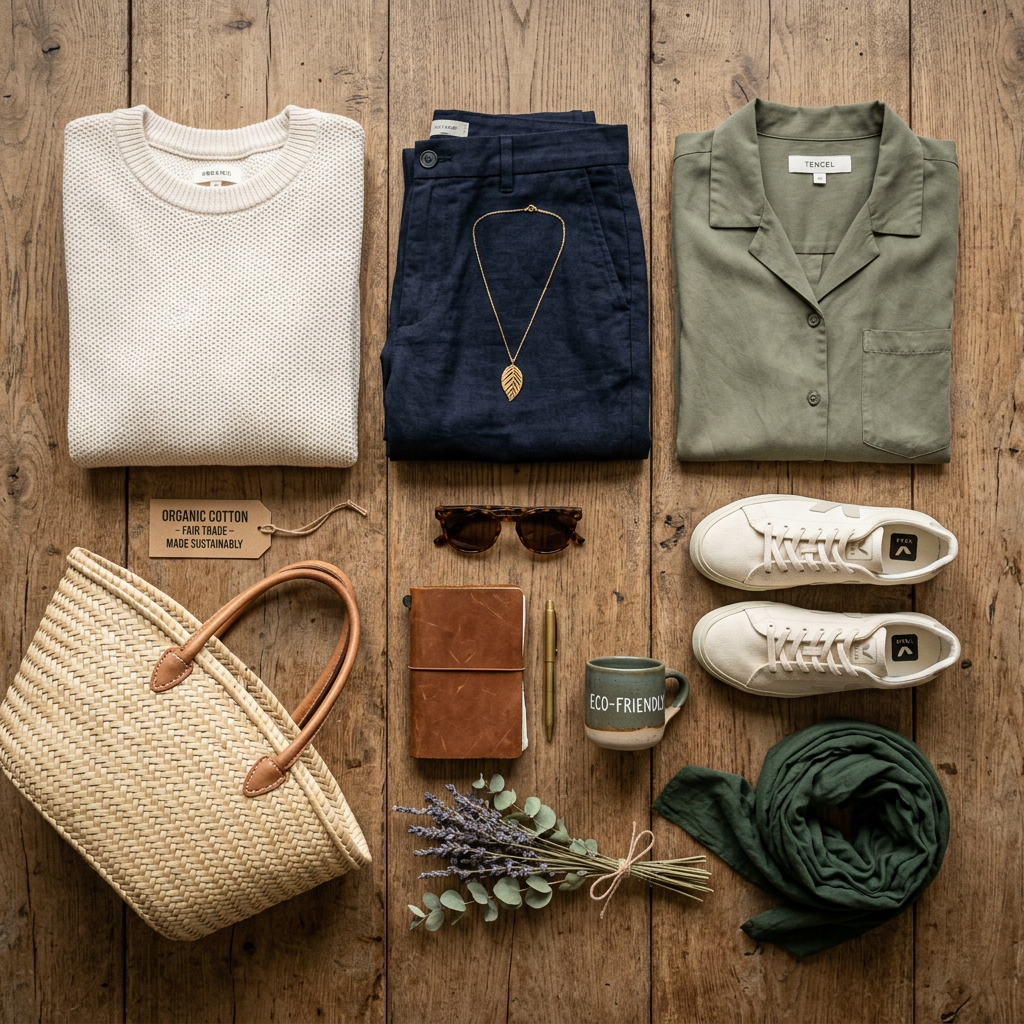 Folded sustainable clothes, woven bag, notebook, sunglasses, eco-friendly mug, shoes, and greenery on wooden floor
