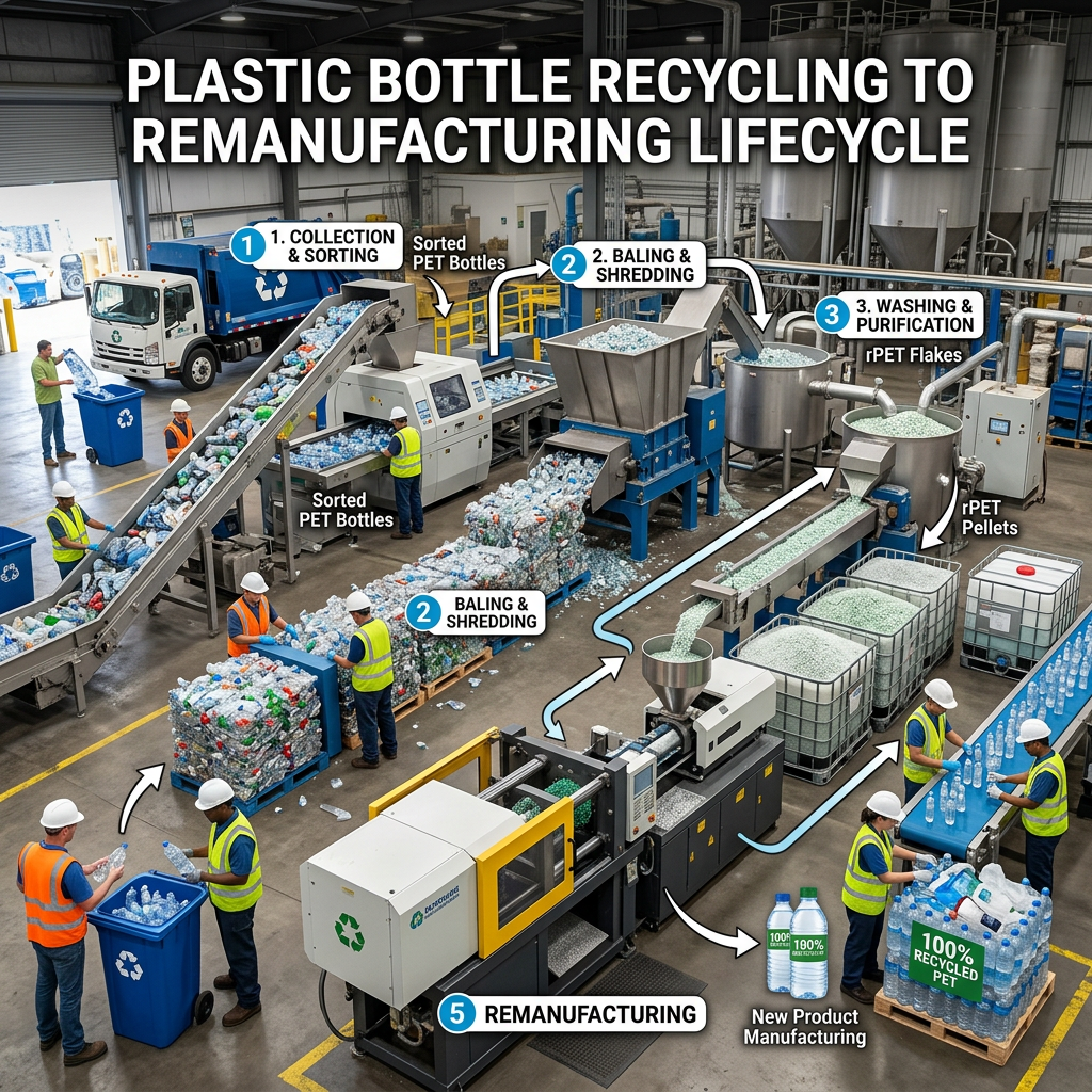 Recycling facility showing the process of plastic bottle collection, sorting, shredding, washing, and remanufacturing