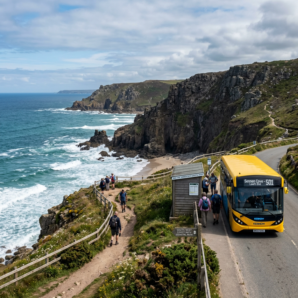 Yellow bus stopped at coastal bus stop with hikers on path and cliffs by ocean
