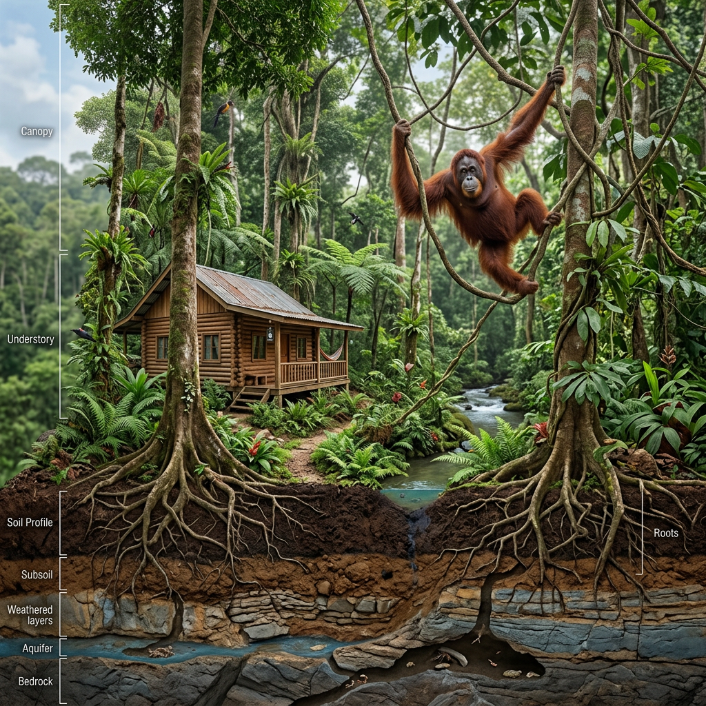 Cross-section of tropical rainforest showing canopy, understory, soil layers, roots, and an orangutan swinging from vines