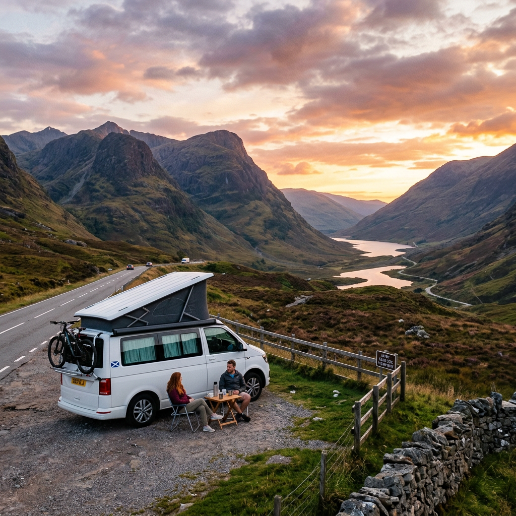 Couple sitting outside campervan with mountain and river landscape at sunset