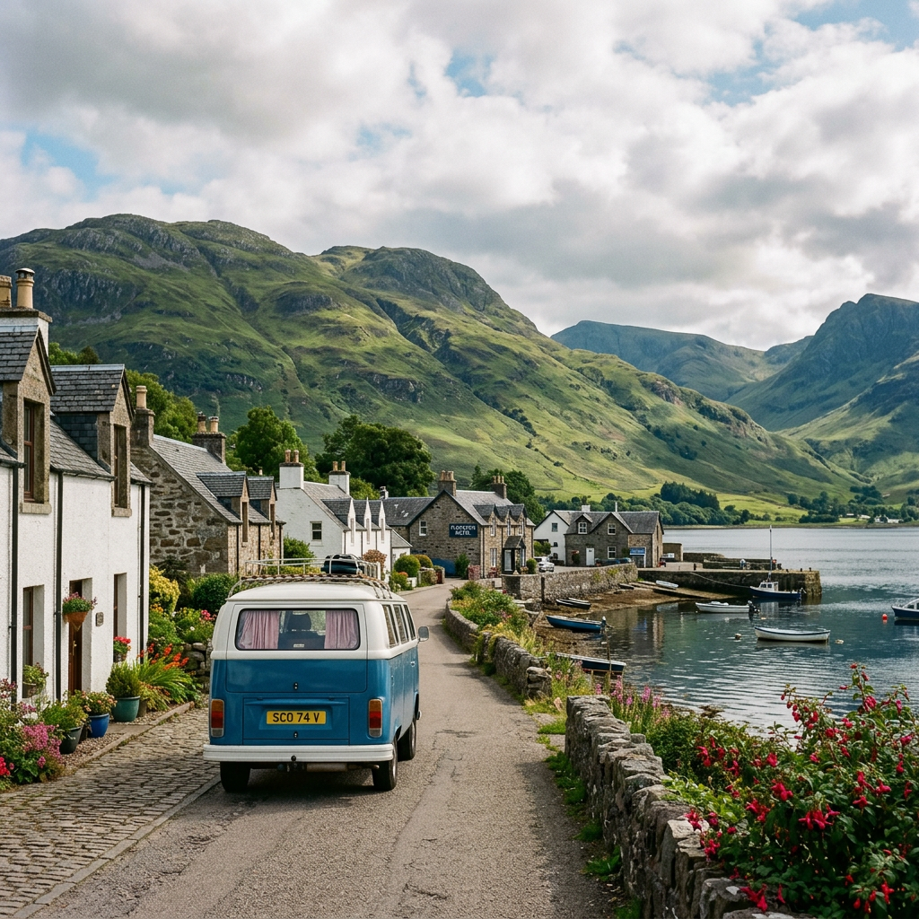 Blue and white vintage van traveling down a narrow road in a quaint village by a lake with boats and green mountains in the background