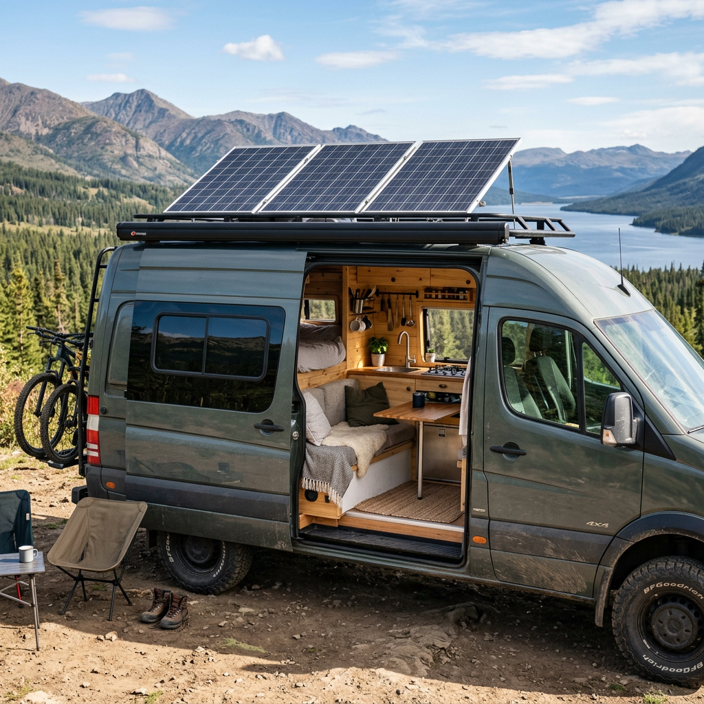 Campervan with solar panels on roof and open side door showing cozy interior with seating and kitchen