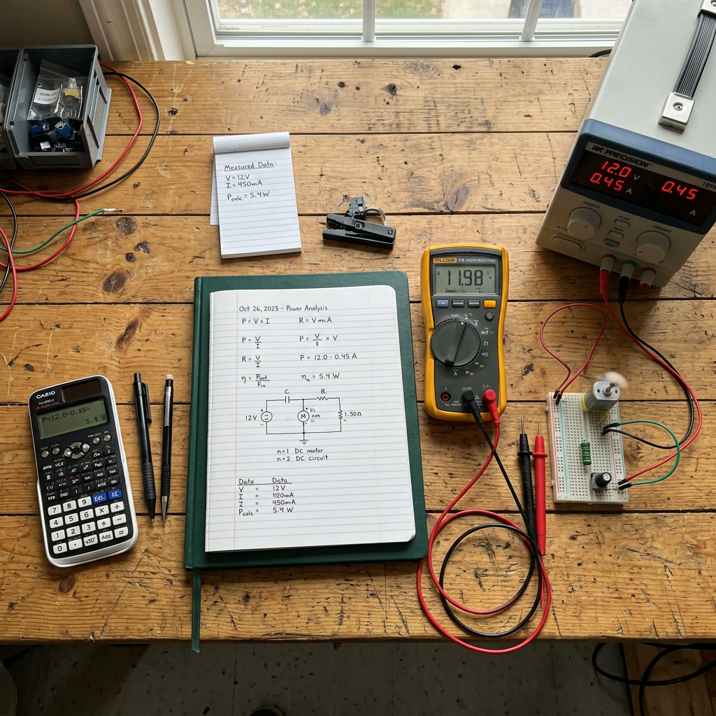 Workspace with power supply, multimeter, calculator, notes, and circuit setup measuring DC motor power