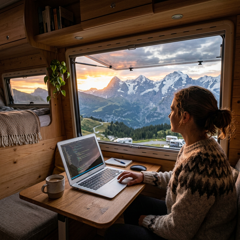 Woman using laptop inside campervan with mountain landscape through open window