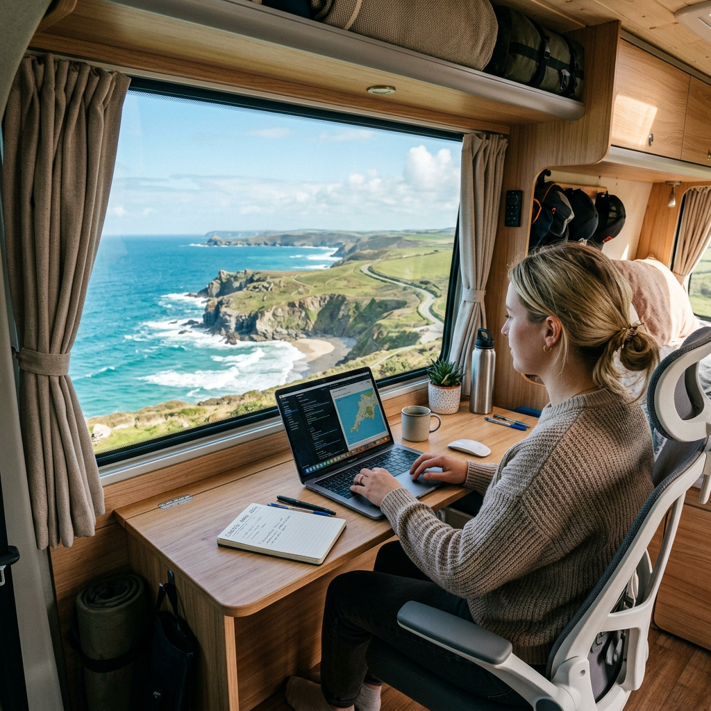 Person working on laptop at desk inside campervan with coastal cliffs and ocean visible through window