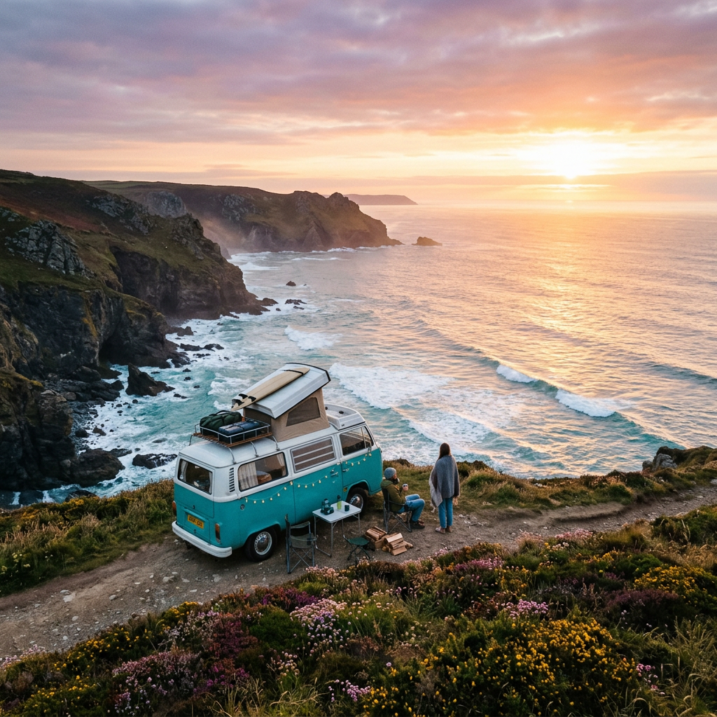 Vintage camper van parked on cliffside overlooking ocean at sunset with two people