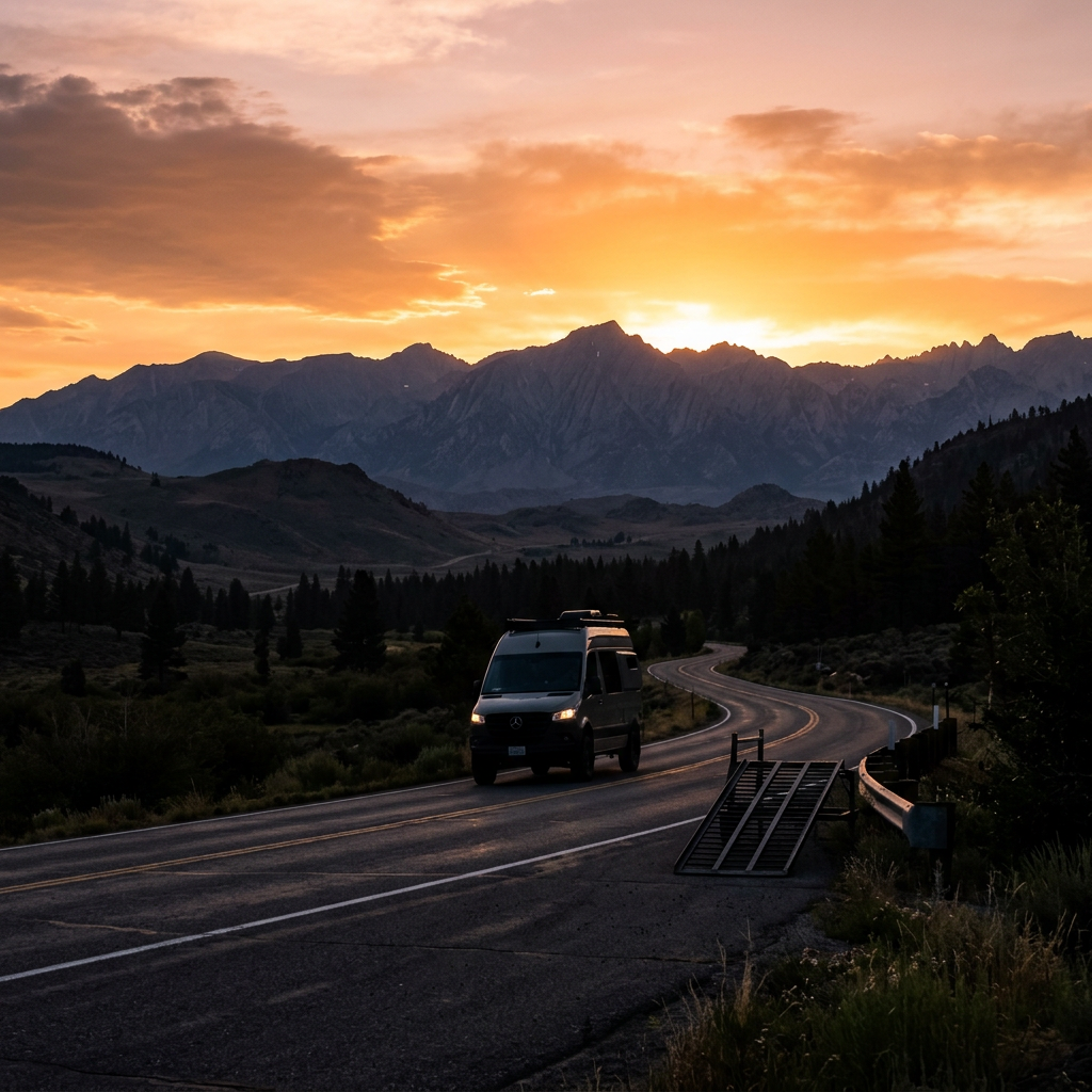 Camper van driving on a winding road with mountains and sunset sky