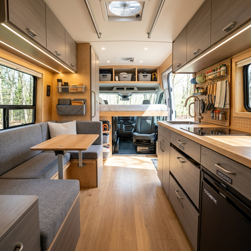 Interior of a modern camper van with kitchen, seating, and storage areas