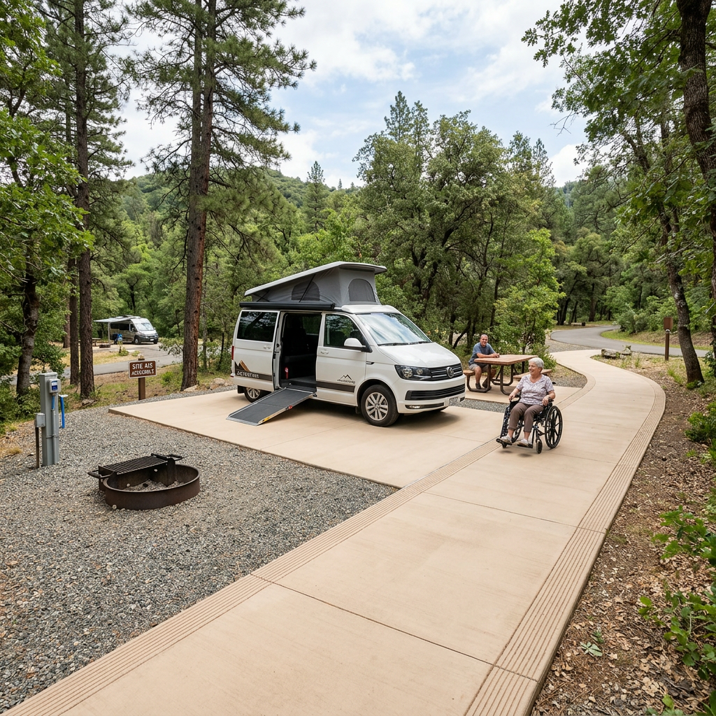 Accessible campsite with camper van featuring wheelchair ramp and person in wheelchair