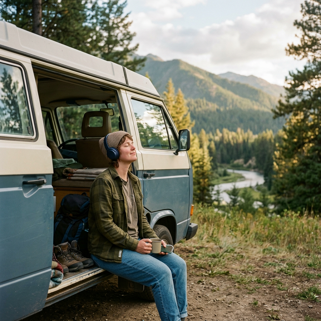 Person sitting on the step of a camper van wearing headphones and holding a mug with a mountain landscape in the background