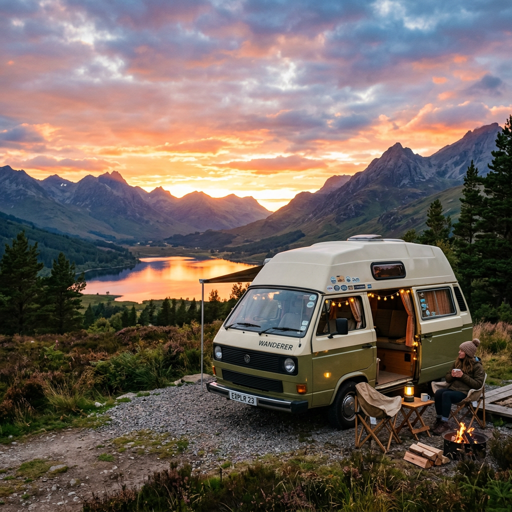 Campervan parked near a mountain lake at sunset with a person sitting by a campfire