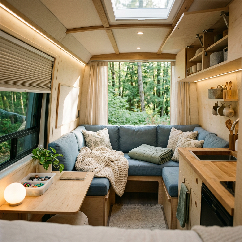 Modern camper interior with light wood finishes, blue sectional sofa, small kitchen area, and large window showing a green forest outside