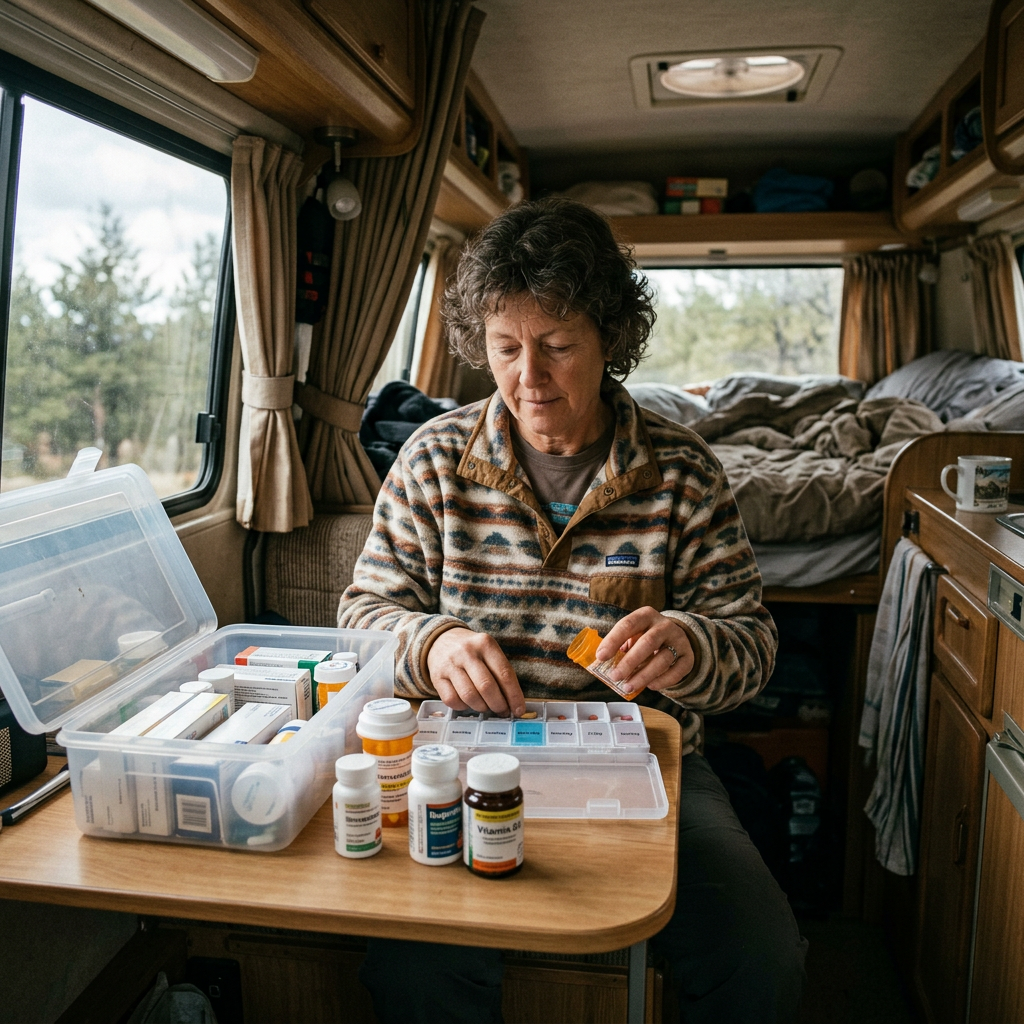 Woman organizing pills into a weekly pill organizer inside an RV