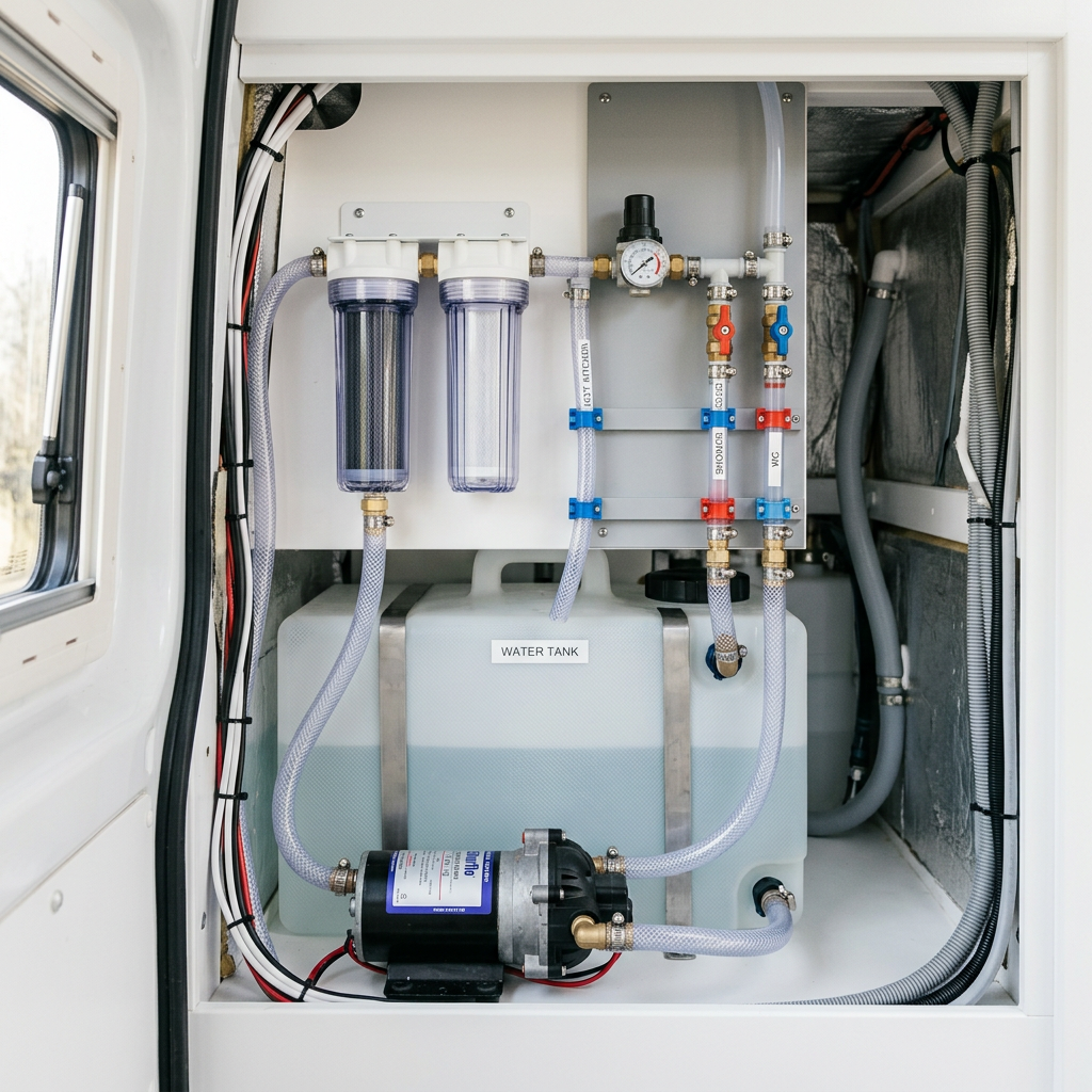 RV water tank filtration and pump system labeled WATER TANK